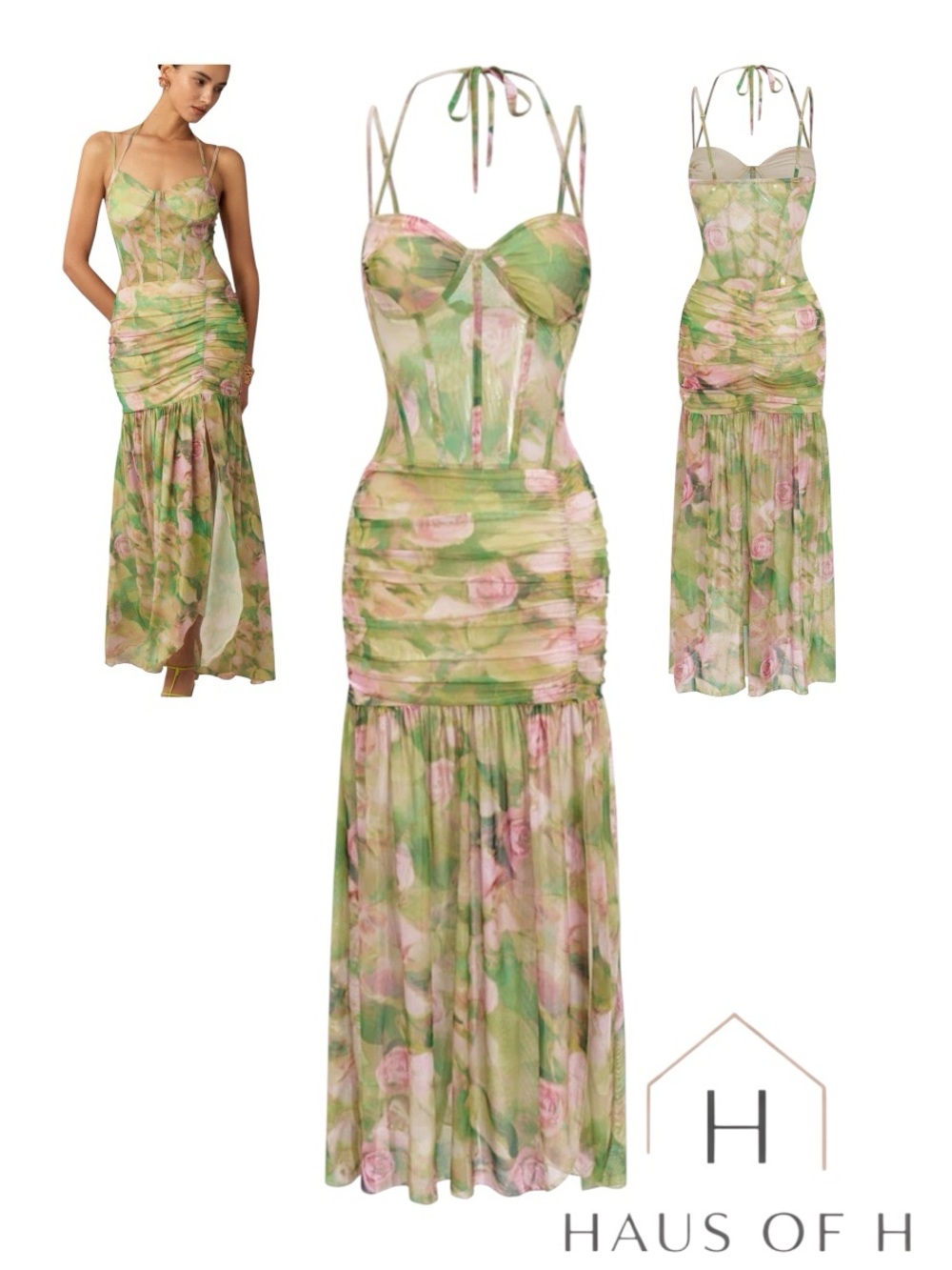 Micas Floral Green Ruched Midi Dress with Spaghetti Straps Size M